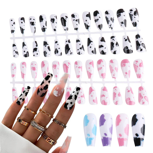Cute Cow Print Press-On Nails Set (24pcs) – Candy Color Square False Nail Tips for DIY Manicure
