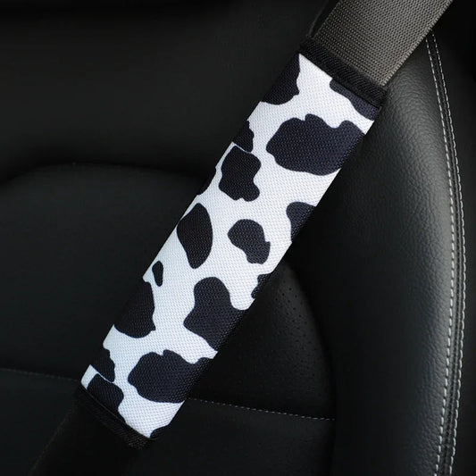 4 Sets Universal Cow Print Seat Belt Shoulder Cover – Soft Black and White Fabric Pad for All Seasons