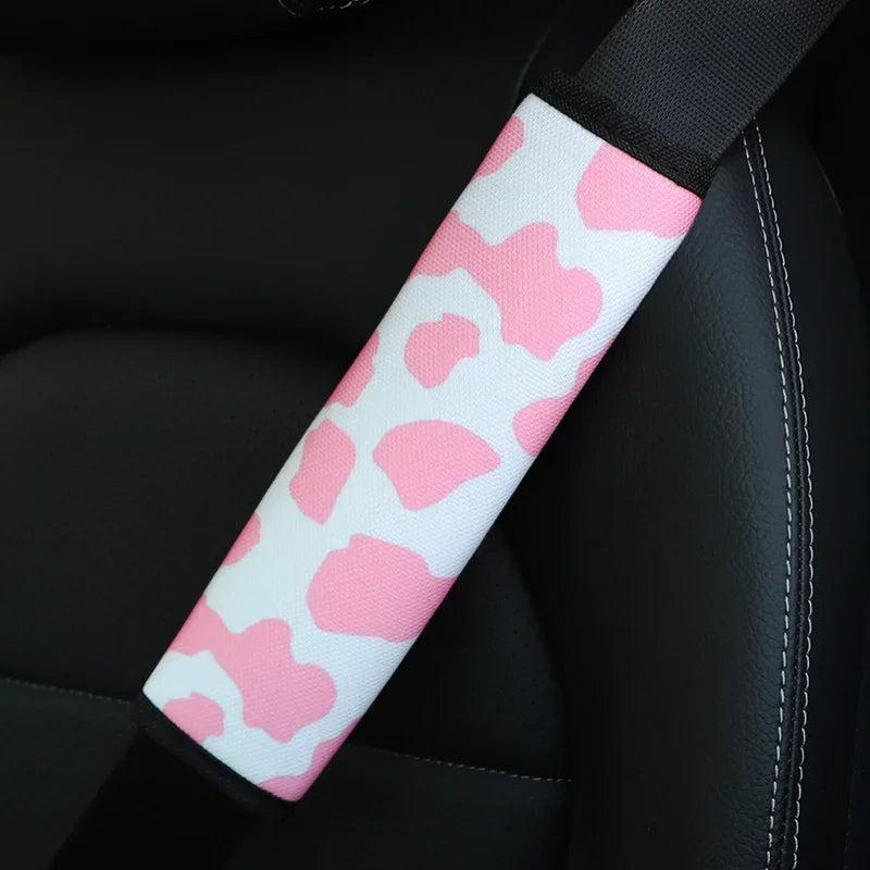4 Sets Universal Cow Print Seat Belt Shoulder Cover – Soft Black and White Fabric Pad for All Seasons