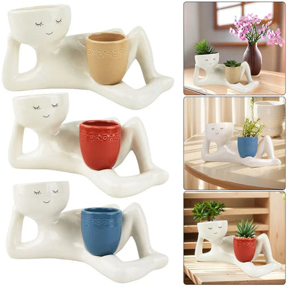 Lazy Little Character Flowerpot Succulent Planters Lying Down Resin Ornaments Home Decoration for Family and Friends Gift