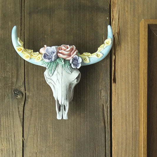 Cow Skull Wall Pendant Succulents/Flower Rose Resin White Ox Head Ornament Animal Figurines Crafts Home Garden Decorations
