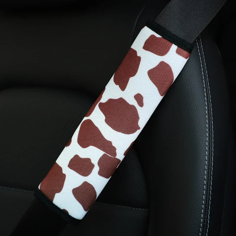 4 Sets Universal Cow Print Seat Belt Shoulder Cover – Soft Black and White Fabric Pad for All Seasons