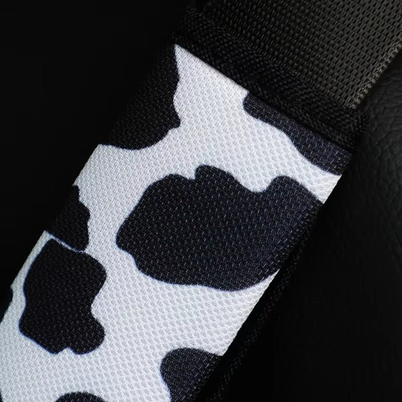 4 Sets Universal Cow Print Seat Belt Shoulder Cover – Soft Black and White Fabric Pad for All Seasons