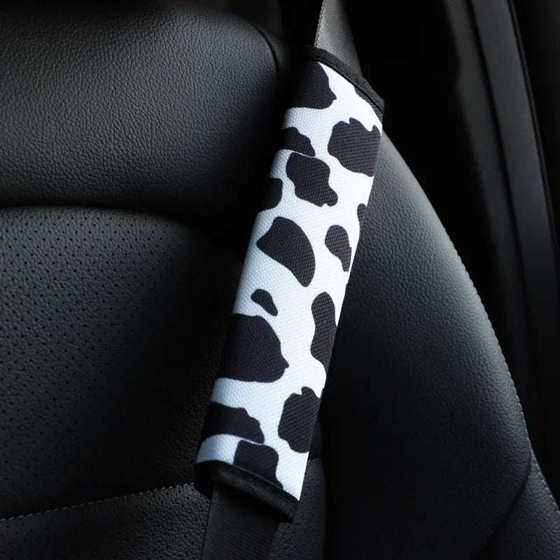 4 Sets Universal Cow Print Seat Belt Shoulder Cover – Soft Black and White Fabric Pad for All Seasons