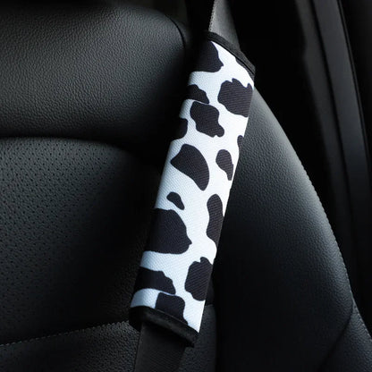 4 Sets Universal Cow Print Seat Belt Shoulder Cover – Soft Black and White Fabric Pad for All Seasons